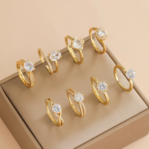 French Style Adjustable Rings For Women Gold Plated Alloy With Cubic Zirconia Solitaire Elegant Jewelry Accessory