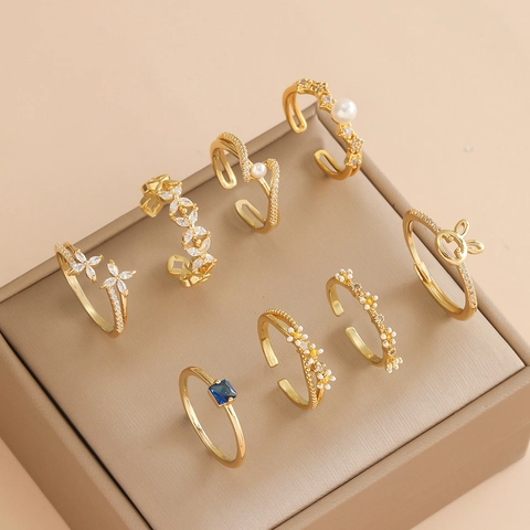 Copper Zircon Flower Open Adjustable Ring Gold Plated Artificial Pearl Butterfly Rabbit Elegant Fashion Jewelry For Women Niche