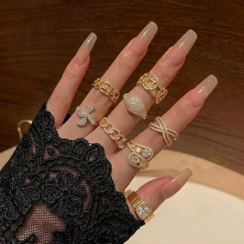 Französischer Vergoldeter Offener Ring Mit Zirkonia Für Damen Verstellbares Geometrisches Kettendesign Luxusschmuck