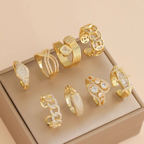 Französischer Vergoldeter Offener Ring Mit Zirkonia Für Damen Verstellbares Geometrisches Kettendesign Luxusschmuck