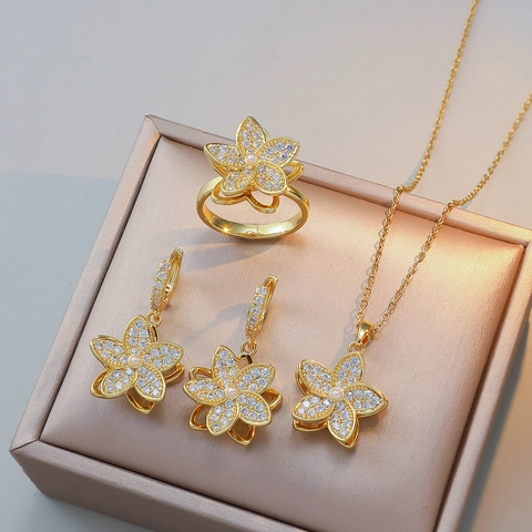 Rotierender Blumen Schmuck Edelstahl Kupfer Zirkon Imitation Künstliche Perle Halskette Ohrringe Ring Elegant Licht Luxus Damen