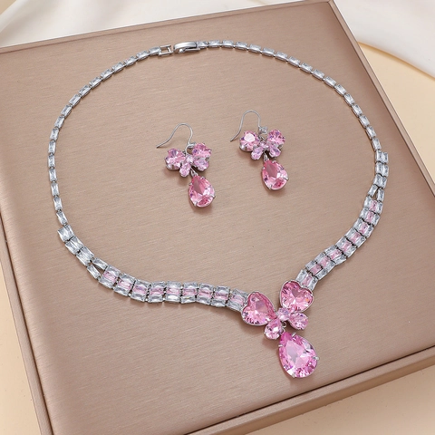 Set Gioielli Farfalla Per Donna Zircone Rosa Cuore Collana Orecchini Rame Placcato Oro Reale Elegante Catena Clavicola