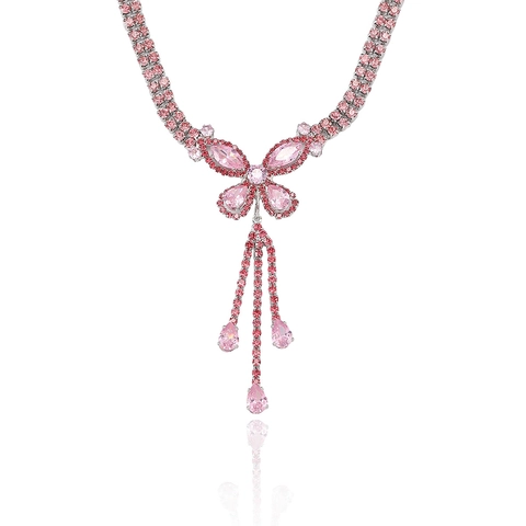 Gioielli Farfalla Collana E Orecchini Zirconia Rosa Nappa Frange Rame Chic Elegante Donne