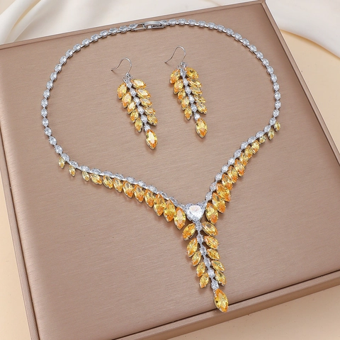 Collana E Orecchini Spiga Di Grano Con Zirconia Gialla Acciaio Titanio Accessori Festa Eleganti Per Donne