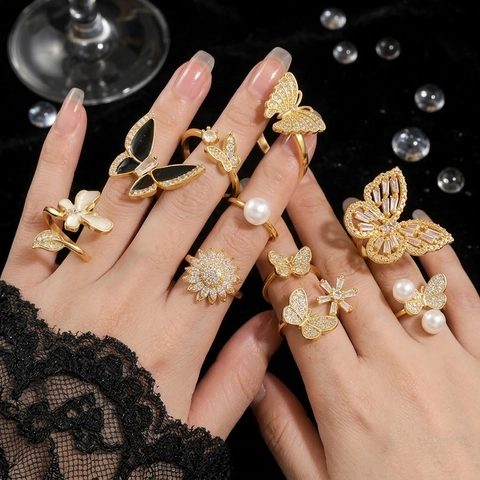 Schmetterling Herz Stern Mond Verstellbare Offene Ringe Legierung Zirkon Künstliche Perle Emaille Französisch Ästhetischer Schmuck Damen