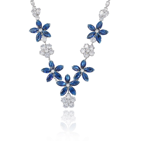 Fashion Blue Zirconia Sunflower Necklace Earrings Jewelry Set Stainless Steel Cable Chain For Women Wedding Party Jewelry