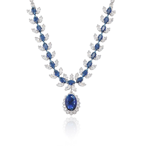 Fashion Blue Zirconia Flower Jewelry Set Titanium Steel Water Drop Necklace Earrings Set For Women Wedding Banquet Jewelry