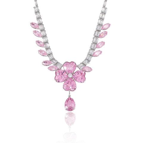 Collier Boucles D'oreilles Fleur Zircon Coeur Rose Cuivre Plaqué Or Pendentif Goutte Femmes Fête Mode