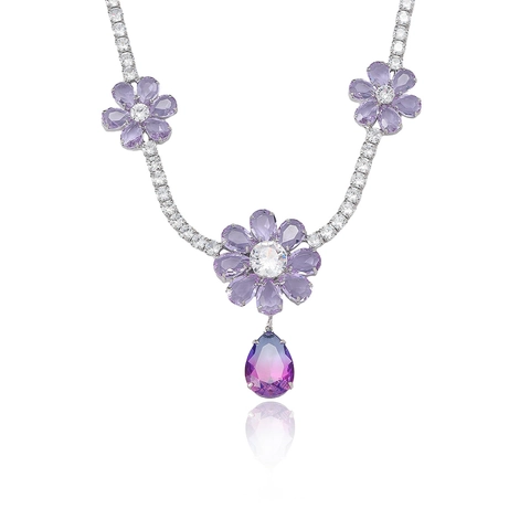 Elegantes Titanstahl Blume Schmuckset Für Damen Lila Verlauf Kristall Wassertropfen Anhänger Halskette Strass Ohrringe Schmuckset