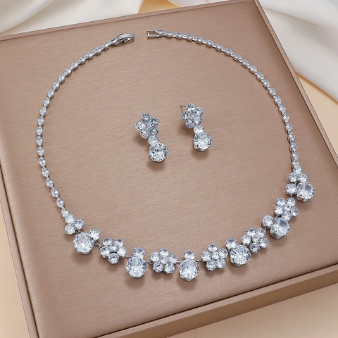 Flower Cubic Zirconia Jewelry Set Copper Necklace And Earrings For Women Bridal Wedding Evening Party Elegant Sparkling
