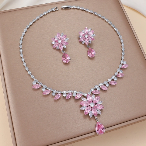 Collar Y Pendientes De Flor De Cinco Pétalos Circonita Rosa Acero De Titanio Cobre Joyería Floral Elegante Para Mujer
