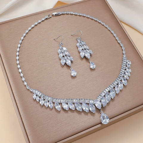 Collana E Orecchini Spiga Di Grano Frangia Zircone Acciaio Al Titanio Rame Gioielli Da Sposa Di Lusso Per Donne