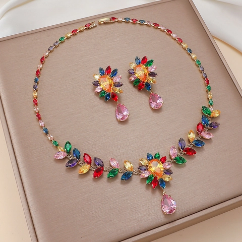Boheemse Kleurrijke Waterdruppel Bloem Sieraden Vrouwen Zirkoon Kristal Hanger Ketting En Hangende Oorbellen Koperlegering