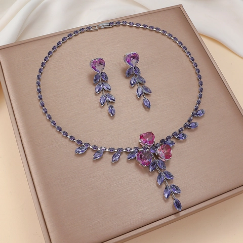 Elegante Set Di Collana E Orecchini A Cuore In Rame Zirconia Set Di Gioielli In Cristallo Sfumato Viola Rosa Per Festa Donna