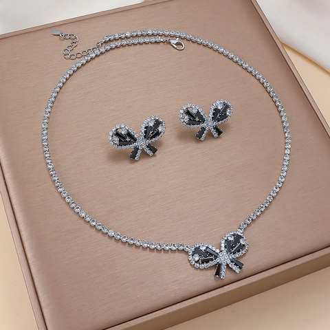 Butterfly Pendant Necklace And Stud Earrings For Women Copper Shiny Zircon Black Gemstone Elegant Chic Daily Accessories