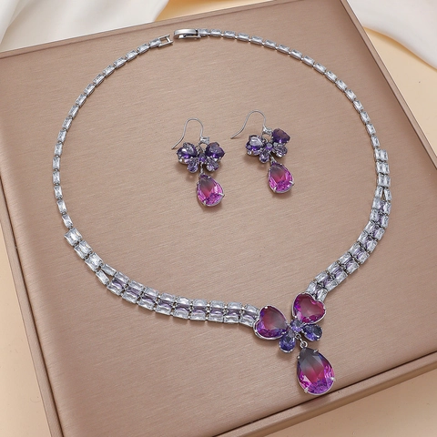 Gioielli Farfalla Rame Zirconia Cubica Gradiente Viola Collana E Orecchini Per Donne Elegante Moda Chic