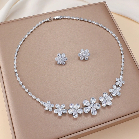 Elegant Flower Jewelry Necklace And Earrings Cubic Zirconia Titanium Steel Copper Plated Silver Tone Bridal Wedding Party Jewelry For Women