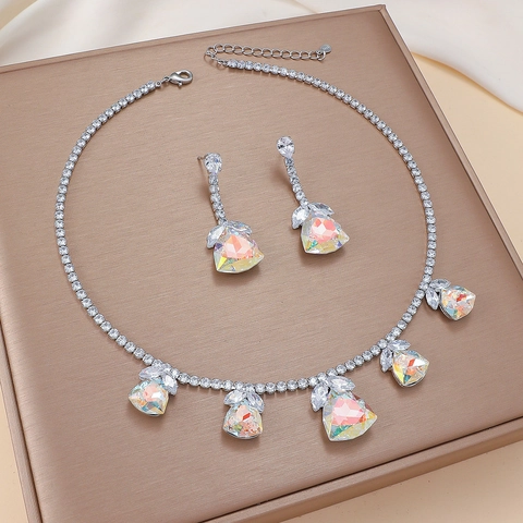Mode Cristal Irisant Cuivre Avec Zircone Collier Et Boucles Oreilles Pour Femmes Vêtements De Fête Formels Scintillante Aurore
