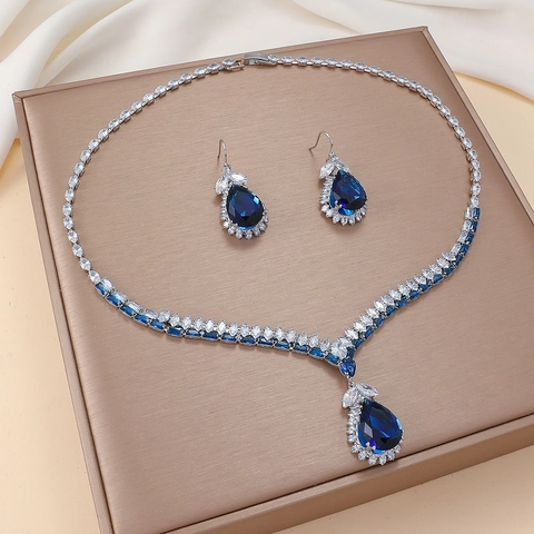 Gioielli A Goccia D'acqua Per Donna Collana E Orecchini Con Zircone Blu A Forma Di Pera Acciaio Al Titanio Zirconia