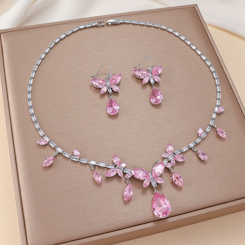 Gioielli Farfalla Collana E Orecchini Rame Zirconia Rosa Design Romantico Per Donne