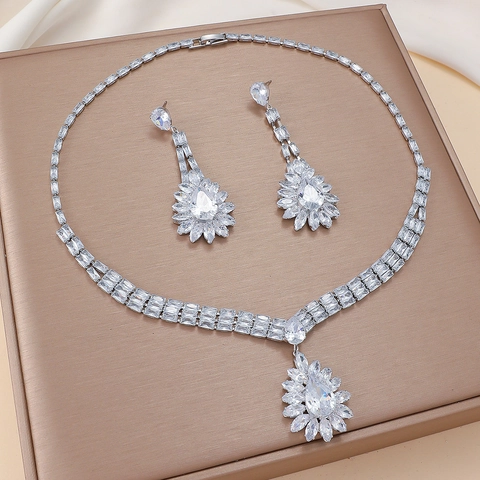 Luxury Zircon Water Drop Wheat Ear Necklace And Earrings Titanium Steel Copper Jewelry For Wedding Banquet Party Women