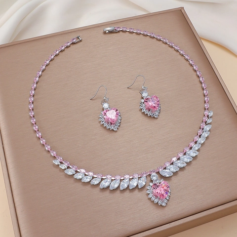 Collier Et Boucles D'oreilles En Cuivre Zircon Bijoux Pour Femmes Pendentif Coeur Rose Pierres Marquise Style Romantique Élégant