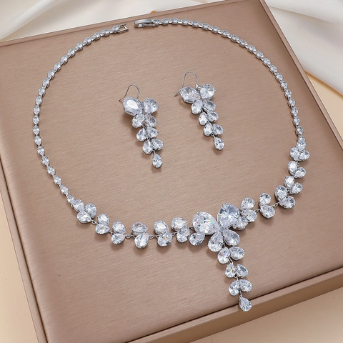 Elegant Butterfly Flower Necklace Earrings Set Gold Plated Copper Cubic Zirconia Jewelry For Wedding Party Women Gift