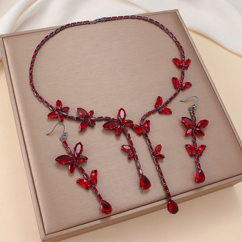 Elegant Red Butterfly Zirconia Jewelry Set Copper Necklace And Long Earrings For Women Vintage Crystal Floral Water Drop Pendant Set For Party Banquet Wedding