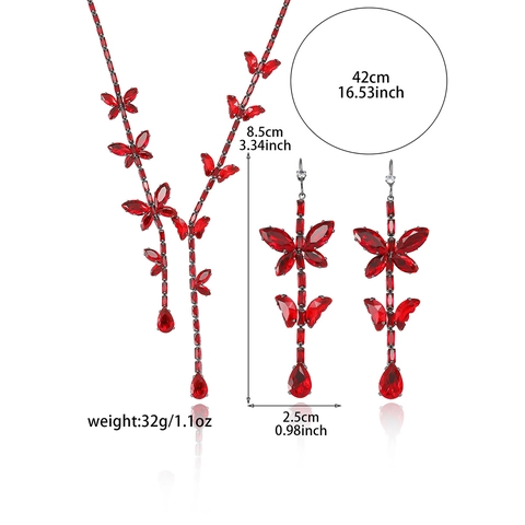 Elegant Red Butterfly Zirconia Jewelry Set Copper Necklace And Long Earrings For Women Vintage Crystal Floral Water Drop Pendant Set For Party Banquet Wedding