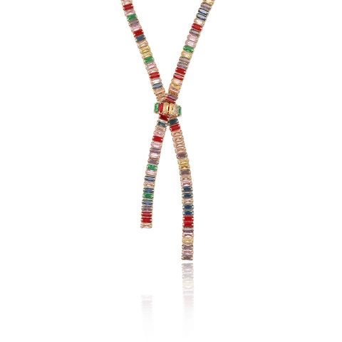 Regenbogen Bunte Rechteckige Zirkonia Halskette Und Ohrringe Schleife Krawatte Design Kupfer Vergoldet Elegant