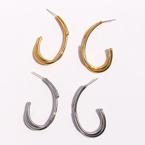 Boucles d'Oreilles en C en Laiton Plaqué Or Véritable Lignes Géométriques Entrecroisées Avec Tige en Argent Sterling 925 pour Femme