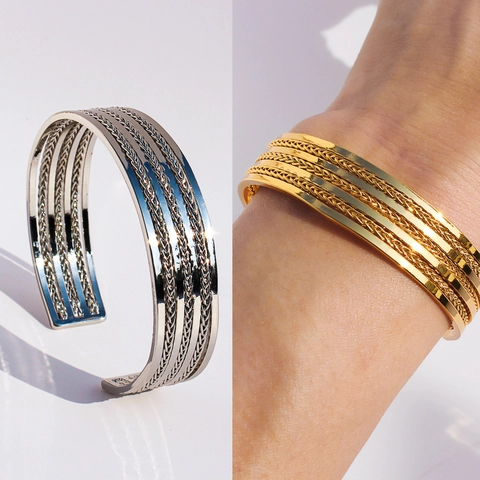 Vintage Brass Multi-layer Braided Open Cuff Bracelet For Women Men Punk Statement Wide Metal Bangle Streetwear Jewelry