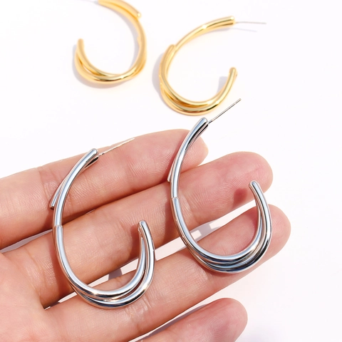 Boucles d'Oreilles en C en Laiton Plaqué Or Véritable Lignes Géométriques Entrecroisées Avec Tige en Argent Sterling 925 pour Femme