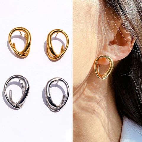 Boucles D'oreilles Géométriques Torsadées En Laiton Plaqué Or Avec Tige En Acier Minimaliste Irrégulier Abstrait Pour Femmes