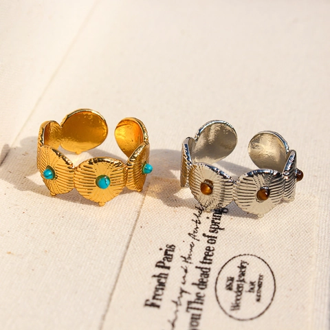 Bague Ouverte en Cuivre Vintage Incrustée de Turquoise Oeil de Tigre Motif Rayon de Soleil Or Argent Réglable Bijoux