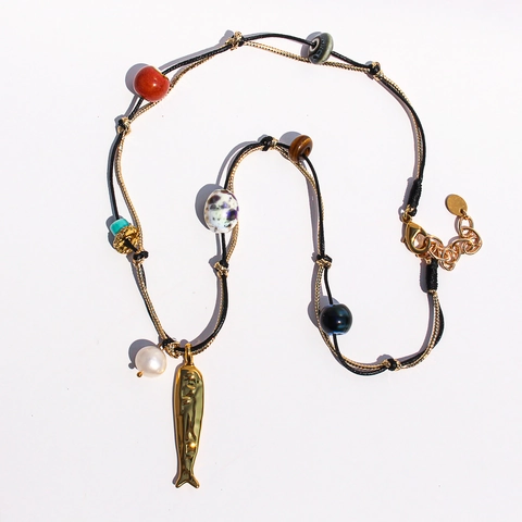 Collana E Bracciale Con Ciondolo Pesce Gioielli In Ottone Placcato Oro Bohemien Etnico Occhio Di Tigre Ceramica Perla Artificial