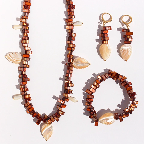 Collana Bracciale Orecchini con Perline di Foglia di Conchiglia Madreperla Naturale Ottone Placcato Oro Gioielli Piante