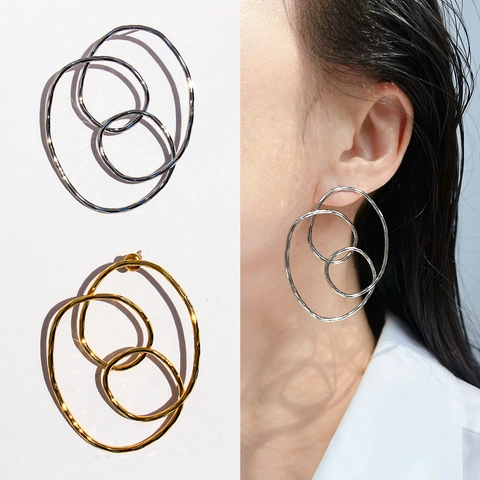 Boucles d'Oreilles Clous Ovales Géométriques Multi-Boucles Laiton Plaqué Or Argent Tige en Argent Sterling 925 Bijoux Femme