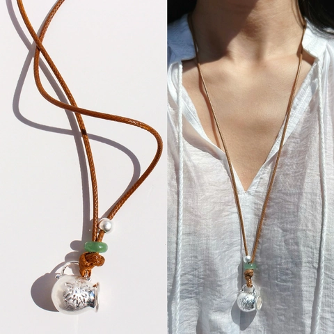 Collier Pendentif Théière En Laiton Argenté Vintage Pierre Aventurine Verte Cordon De Cire Fait Main Style Ethnique Femmes