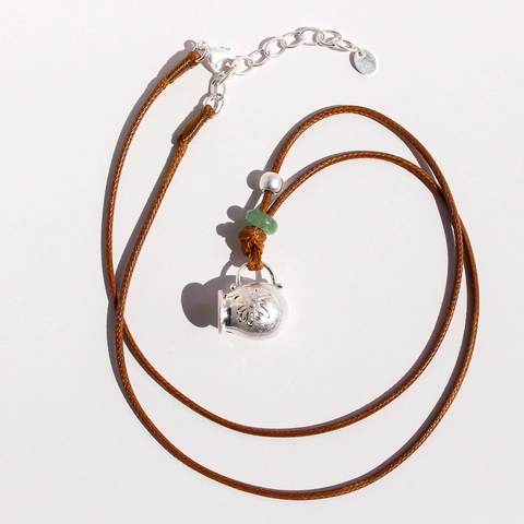 Collier Pendentif Théière En Laiton Argenté Vintage Pierre Aventurine Verte Cordon De Cire Fait Main Style Ethnique Femmes