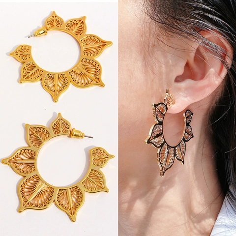 Hollow Out Bloem Hoop Oorbellen Met 925 Sterling Zilveren Oorsteker Verguld Messing Bohemian Vintage Sieraden Vrouwen