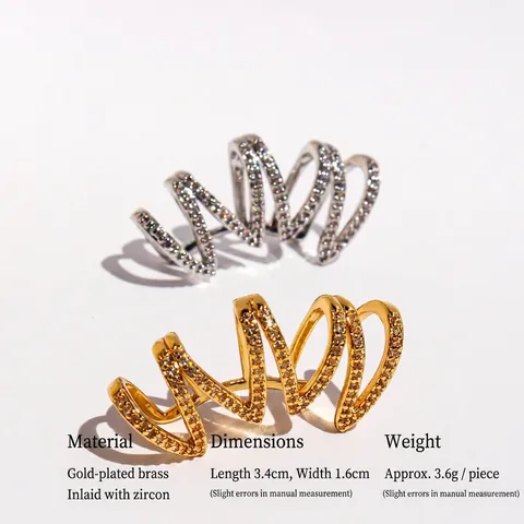 Bague d'Oreille Mode en Zircone Multicouche pour Femme Sans Perçage Forme en V Géométrique Or Or Blanc Laiton Bijoux de Clip