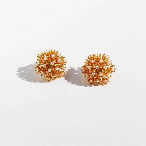 Vintage French Firework Flower Cluster Stud Earrings With Artificial Pearl And 925 Sterling Silver Earring Post
