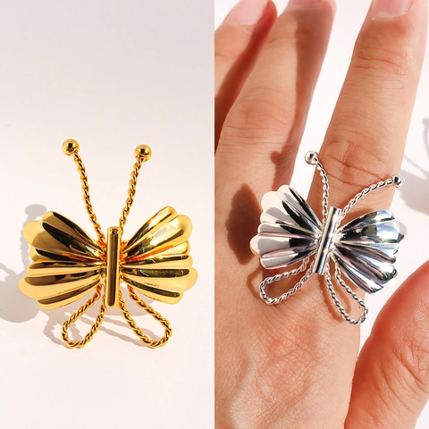 Bague Ouverte Papillon 3D Fait Main pour Femmes Plaqué Or Argent Ajustable Bijoux Mode Élégant Texture Plissée