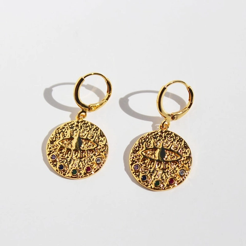 Evil Eye Creolen Gold Plattiert Messing Bunte Zirkonia Rund Münze Vintage Böhmisch Schmuck Für Damen