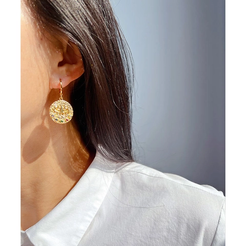 Evil Eye Creolen Gold Plattiert Messing Bunte Zirkonia Rund Münze Vintage Böhmisch Schmuck Für Damen