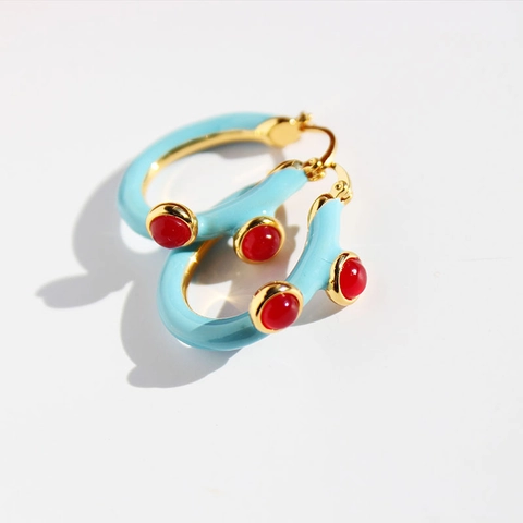 Vintage C-Shape Hoop Earrings Brass Gold Plated Sky Blue Enamel Red Zircon Retro Contrast Color For Women Jewelry