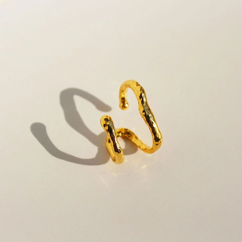 Irregular Wave Ear Cuff Brass Gold Plated Hammered Texture Double Layer Non Piercing Clip On Earrings For Women Minimalist