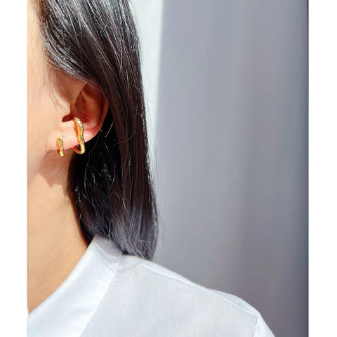 Irregular Wave Ear Cuff Brass Gold Plated Hammered Texture Double Layer Non Piercing Clip On Earrings For Women Minimalist