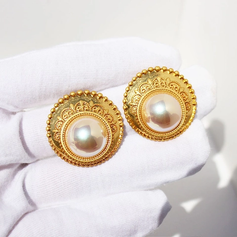Orecchini Vintage Francesi in Pizzo Dorato Con Künstliche Perle e Perno in Argento Sterling 925 Stile Palazzo Grandi Gioielli Donna